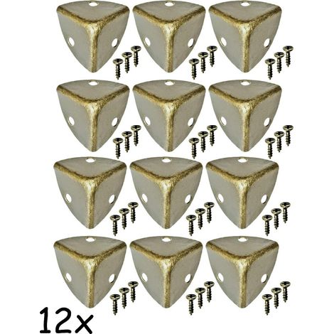 12 antike abgerundete Möbelecken, Schutzecken, Metallbeschlag für Kisten, Möbel, Regale, Kantenschutz, Vintage Antik Messing Optik, 12er Set, inkl. Schrauben (1/5)