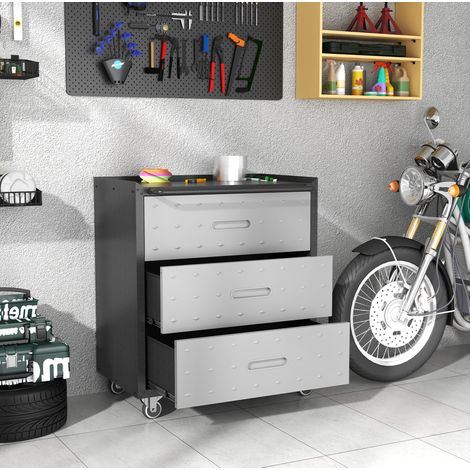 Heavy-Duty Metall-Werkzeugschrank mit Rollen – 3-Schubladen-Tool-Cabinet, 75 × 42 × 88 cm, Schwarz/Grau, für Garage, Büro & Haushalt (1/5)