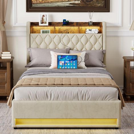 Cama tapizada 140x200 cm de terciopelo beige HAVRYA (1/5)