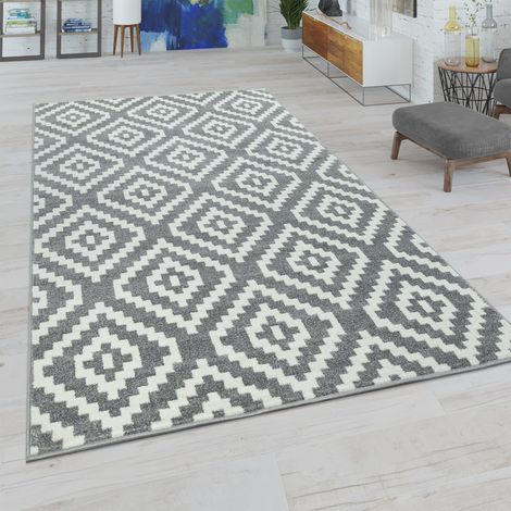 Paco Home Wohnzimmer Teppich, Rauten Muster in Pastell Farben, Moderner Boho Ethno Look 140x200 cm, Grau-Weiß