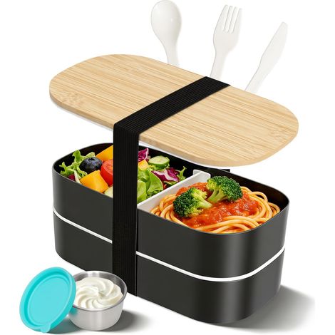 Bento Lunch Box, 1400ml Boite Repas avec Cloison, Lunchbox avec Boîte à Sauce, 2 Compartiments et Couverts Intégrés, Pour Boîte À Lunch Pour Adulte Et Enfant, Pour Le Travail Et L’École (1/5)