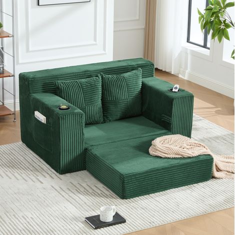 Canapé 2 places convertible en velours côtelé vert émeraude, avec 2 coussins, accoudoirs et poches latérales, assise confortable pour salon ou coin lecture – CHICFURN (1/5)