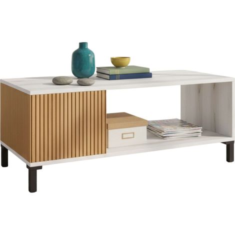 Mesa de Centro Salón Comedor Tokio Estilo Nóridco en Roble Ryado y Blanco Albo 100x41 cm (1/5)