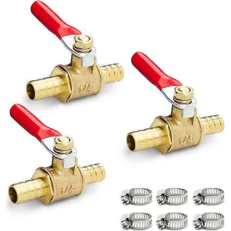Vannes à bille en laiton de 10 mm avec embouts cannelés et 6 colliers de serrage. Air, gaz, carburant (1/5)