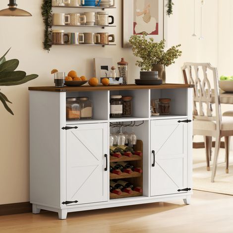 Aparador de Cocina Rústico con Estantes Ajustables y Botellero Mueble Auxiliar para Comedor, Salón 120x37x88 cm Blanco (1/5)