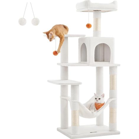 ACAZA Multi Cat Scratch Post - Maison pour chat avec hamac - Poteau pour chat - 143 cm - Blanc (1/5)