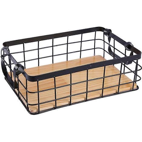 Panier de rangement de cuisine rectangulaire à double anse avec poignées, panier en fer forgé, fond en bois massif, panier à fruits