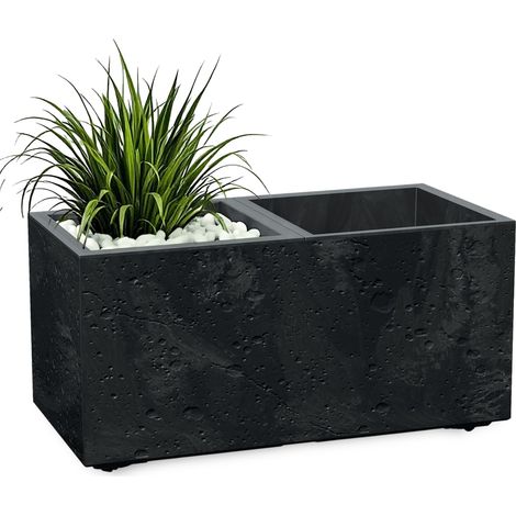 Kunststoff Blumenkasten Beton-Optik 2 Kammern auf Rollen - 59 x 29 cm - Rechteckiger Pflanzkübel anthrazit mit Pflanzeinsatz und Entwässerung