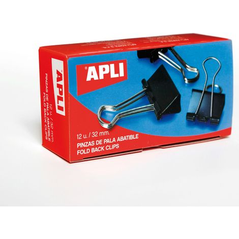 Pince Pliante Apli 15x32mm - Clips en Acier Trempé Noir - Poignées Finition Nickel - Boîte de 12 Unités - Maintien Optimal Jusqu'à 120 Feuilles
