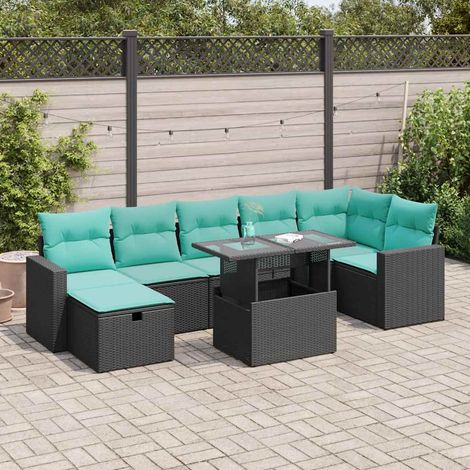 Salon de jardin 8 pièces en résine tressée noire avec coussins bleu marine et rangement, 73kg - PANGIVO (1/5)
