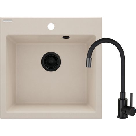 Évier de cuisine en granit beige 50 x 50 cm complet avec robinetterie Deante EVORA ZQJN5103  Beige (1/4)