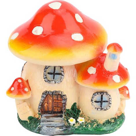 Casetta a forma di fungo in resina in miniatura – vaso per piante – ornamento da giardino – casetta con finestra in pietra gialla e rossa