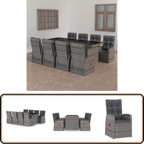 Ensemble à manger d'extérieur 9pcs coussins Résine tressée Gris - Salon De Jardin - Set Salon De Jardin - Mobilier De Jardin - Table De Jardin - Chaises De Jardin