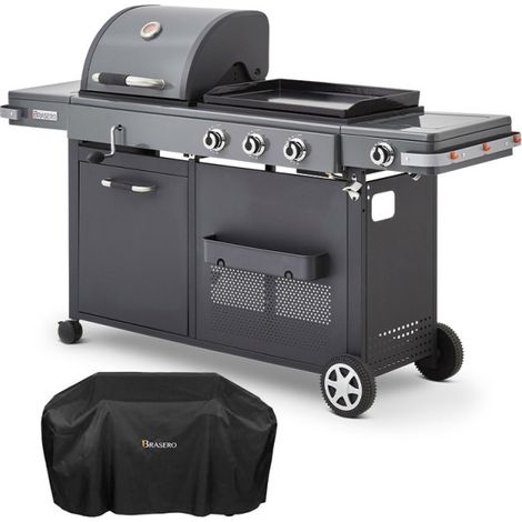 Brasero – Barbecue à gaz bi-énergie XL 3 brûleurs 10,8 kW – Grille 49 x 42 cm et plancha fonte émaillée 60 x 42 cm – Pour 14 convives – Housse incluse