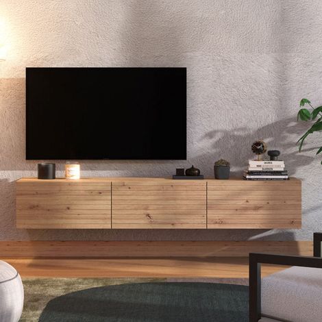Mobile Porta tv Melazzo, un Ripiano, 3 Ante, Anta Effetto Rigato, 192x41.5x32h cm Marrone Rovere Nodi (1/5)