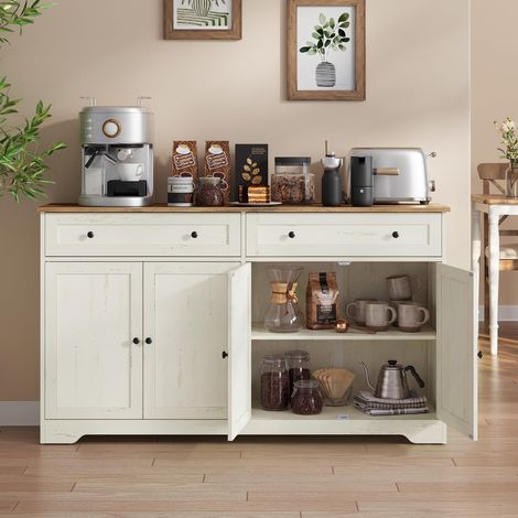 Meuble de Rangement, Buffet de Cuisine, Style Maison de Campagne, avec 2 Tiroirs, Étagères Réglables, 4 Portes, Bar à Café, 40 x 140 x 80 cm, Blanc Rustique LSC541WJ01 (1/5)