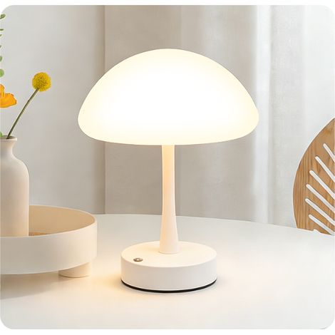 Lampe de table champignon rechargeable lumière blanche, base blanche, lampe tactile style crème pour chevet chambre (1/4)