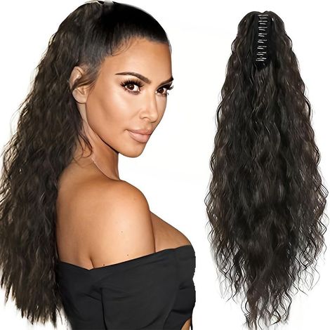 Ponytail Cheveux Naturel Pince Ponytails Extension Longue Bouclée Ondulée Postiche Queue de Cheval Extension Naturel Brun Foncé Synthétique Rajout Cheveux pour Femmes 50 cm (1/5)