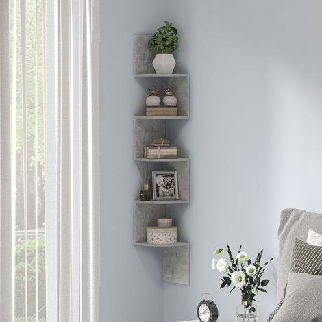 Étagère d'angle murale en forme de zigzag, 20 x 20 x 126 cm (L x l x H), 5 étagères, bois gris (1/5)