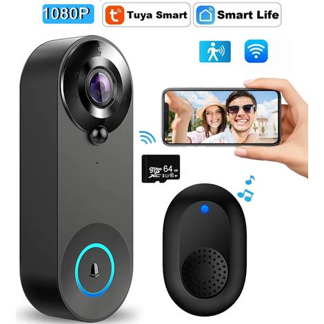 LEDANDER Interphone vidéo sans fil 5G 1080P – Sonnette connectée Wi-Fi avec caméra (Tuya) – Sécurité domotique – Détection de mouvement – Vision nocturne – Carte SD de 64 Go incluse (1/5)