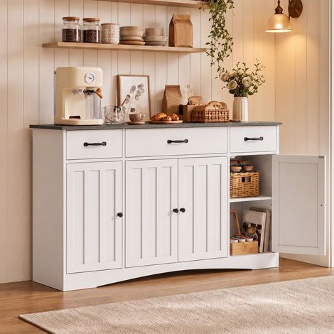 Buffet cuisine 140 cm gris, 4 portes et 3 tiroirs (1/5)