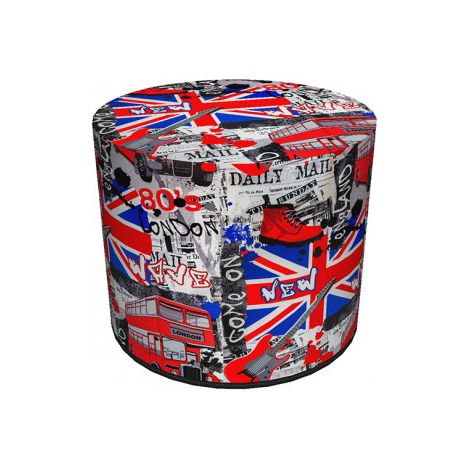 Dekorativer Pouf, Bertoni, London-Print – runder Pouf für Wohnzimmer und Flur, 40 cm Durchmesser, elegant, mit Reißverschluss, waschbar (1/3)