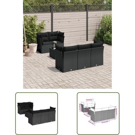 The Living Store Salon de jardin 6 pcs avec coussins noir résine tressée - Ensemble Salon De Jardin - Mobilier De Jardin - Salon De Jardin Design - Résine Tressée - Meuble D'extérieur (1/3)