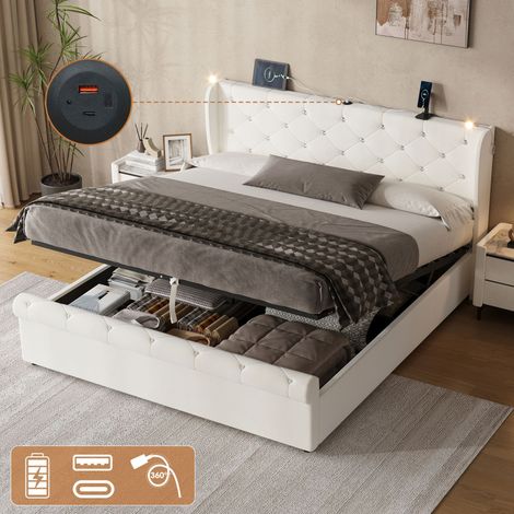 5ft King Upholstered Bed Frame with Hydraulic Storage, Diamond Tufted Headboard with Charging Station and Reading Light, USB and Type - C Ports, Velvet, Beige (No Mattress)