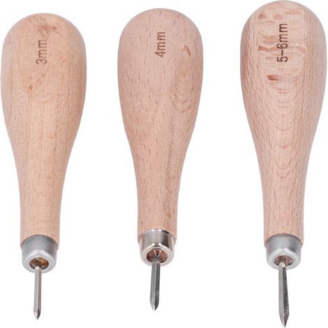 3 Pièces Alène en Cuir Haute Dureté, Design Ergonomique et Manche en Hêtre pour Poinçonnage et Couture du Cuir