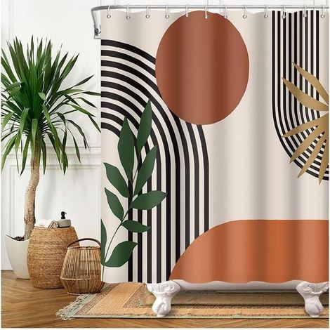 180x180cm Rideau de Douche Terracotta Géométrique Noir Lignes Moderne Minimaliste Rideau Baignoire Anti Moisissure Imperméable Tissu (1/5)