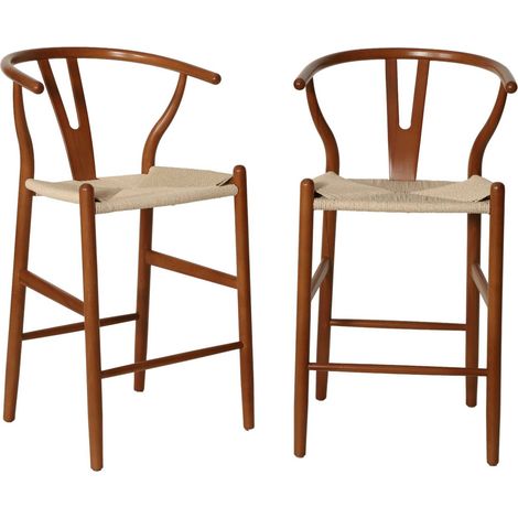 Lot de 2 tabourets de bar vintage bois de hêtre et cordes noyer - Cecile (1/5)
