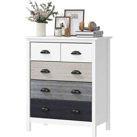 Commode 5 tiroirs surface laquée MDF et bois de pin blanc 70 x 38 x 85 cm