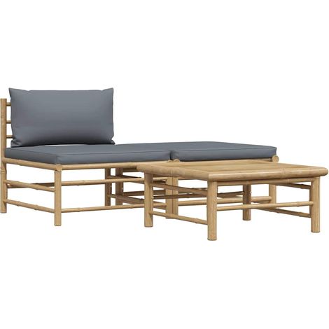 Set Divani da Giardino 3 pz  Salotto da Giardino con Cuscini Grigio Scuro in Bambù (1/5)