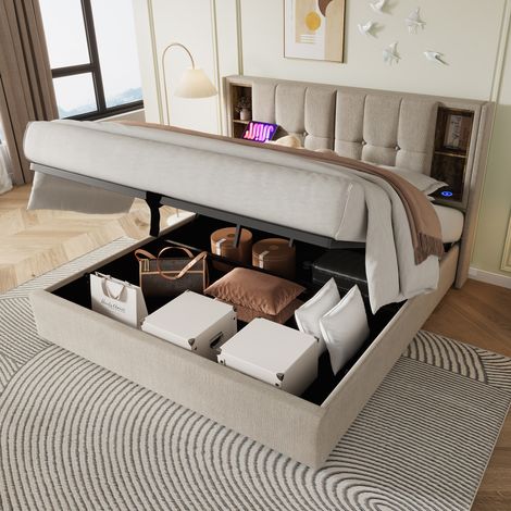 lit adulte 160x200 rangement charge USB lin naturel OKMYHOME (1/5)