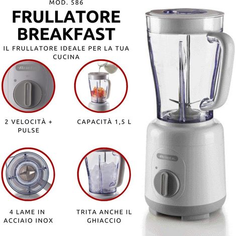 Ariete Frullatore Breakfast 586, Frullatore Elettrico con 4 Lame in Acciaio Inox, 2 Velocità + Funzione Pulse, Piedini Antiscivolo, Coperchio Superiore, Capacità 1,5 L, 500W, Bianco (1/5)