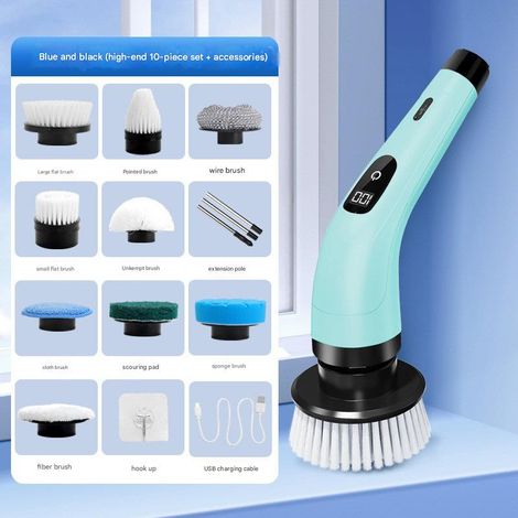 Ensemble de 10 pièces, nettoyeur électrique, brosse de nettoyage sans fil, vitesse sans fil 400 tr/min, chargement USB, 2 vitesses réglables, bleu.
