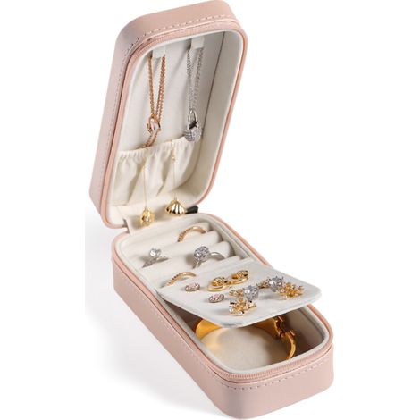Boîte à bijoux rectangulaire en simili cuir PU durable - Coffret élégant rose pour bagues, boucles d'oreilles et colliers