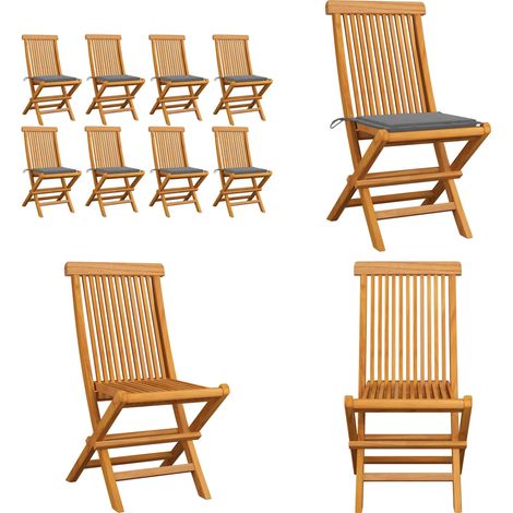 Chaises de jardin et coussins gris lot de 8 Bois de teck massif - Chaise De Jardin Pliable - Chaise De Jardin En Bois - Mobilier De Jardin - Chaise De Jardin Teck - Fauteuil De Jardin - Home & Living (1/5)
