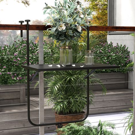 Tavolino da balcone, per ringhiere di spessore 6-15 cm, regolabile, pieghevole, in metallo antiruggine, 62x60x85,5 cm, nero.