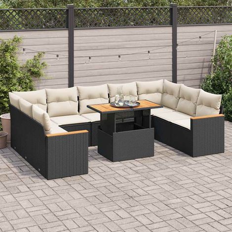 Set sofás jardín y cojines 10 pzas ratán sintético acacia negro vidaXL (1/5)