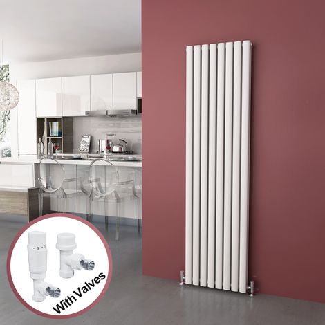 ELEGANT Vertical Column Designer Radiator White Oval Double Panel Rad 1800 x 472mm + White Thermostatic Radiator Valves (1/5)