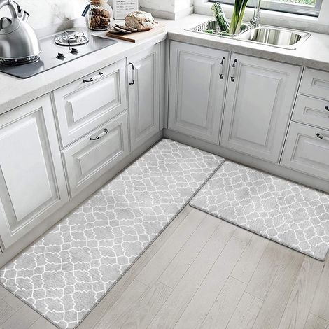 Kitchen PVC printed floor mat, long strip, waterproof and oil-proof, easy to clean, household leather rug - window lattice gray - 40601.0cm