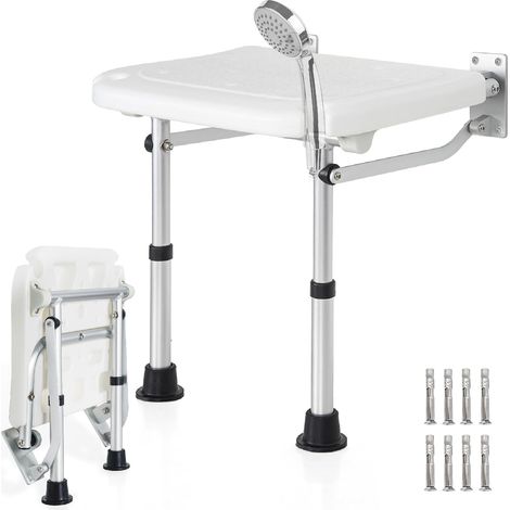 Siège de Douche Mural Pliable - 1 Unité - Aluminium et PE - Réglable en Hauteur - Pour Personnes Âgées - Blanc (1/5)