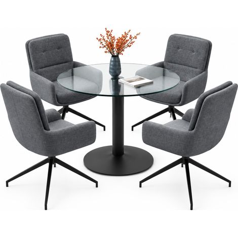 ELVMI Esszimmergruppe mit 1 rundem Tisch und 4 drehbaren Esszimmerstühlen, Stoff, Glas und Metall, Schwarz und Dunkelgrau (1/5)