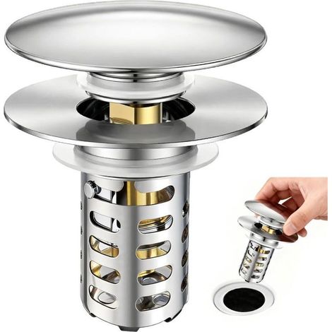Bouchon Lavabo Pop-Up en Acier Inoxydable avec Filtre, Bonde Évier Universel Anti-Odeur et Anti-Corrosion pour Salle de Bain et Cuisine (1/4)