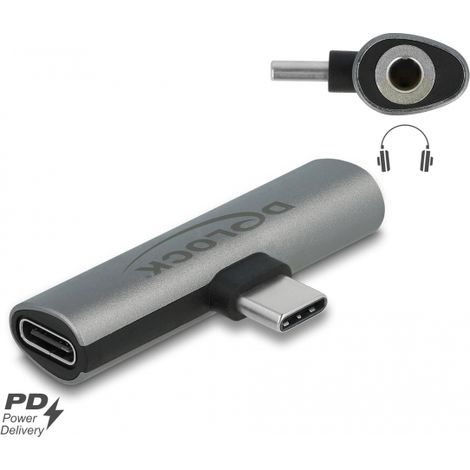 Delock Adaptador de audio USB Type-Câ¢ a Jack estÃ©reo hembra y USB Type-Câ¢ PD gris
