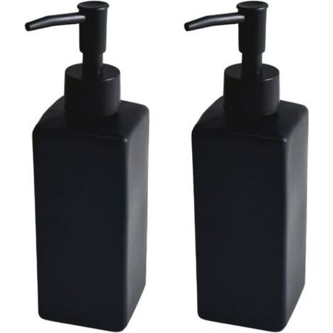 Lot de 2 distributeurs de savon en verre - 350 ml - Noir mat - Surface en céramique avec design rétro - Tête de pompe noire mate - Distributeur de savon à main - Pour cuisine, salle de bain (1/4)
