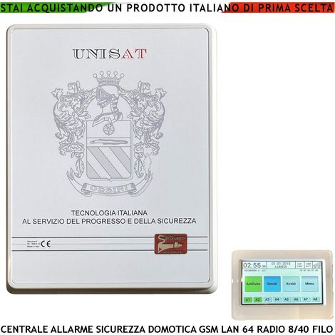 Centrale Unisat Impianto Allarme Via Filo 8 Zone 8 Filo Optional 40 Collegamenti e Funzioni Programmabili 8 Aree 50 Utenti Gestita da APP RFID Radiocomandi 868 MHz HiFi 5 Relè Domotica GSM/GPRS e LAN (1/4)