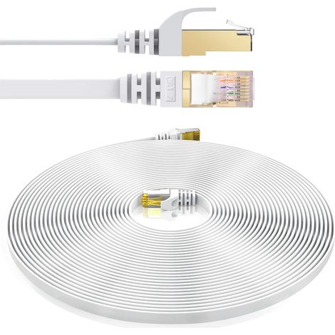 Elfcam® - Cat7 Cable Reseau Ethernet avec Connecteurs RJ45,Cable Plat, 4 Paires Torsadee Blindee, Haut De(25m, Blanc) (1/5)