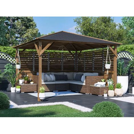 Dunster House Wooden Gazebo Kit Louvre Wall 3m x 3m Pressure Treated Garden Shelter Roof Shingles Utopia (1/5)